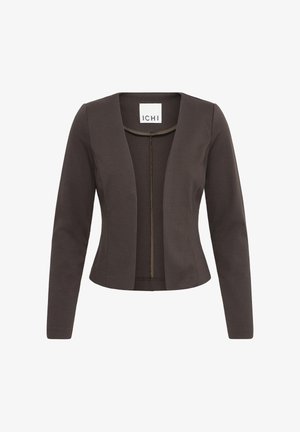 Tumepruun, naiste pikkade varrukatega avatud esiküljega bleiser, millel on vöökohalt lõikega istuvus ja krae sees väike brändi silt.