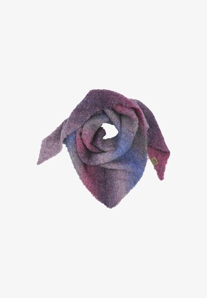 Wool blend scarf in a gradient of purple and blue hues. Textured fabric, triangular shape, finished edges, with a small brand label.