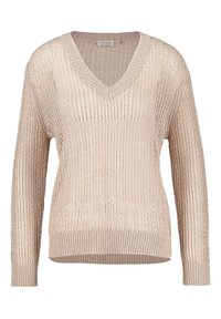 V-Ausschnitt, langärmeliger Pullover in hellbeige, mit geripptem Muster und lockerer Passform. Hergestellt aus einem weichen, leichten Material.