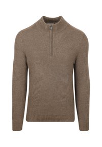 Bruine geribbelde gebreide trui met een hoge kraag en een kwartrits sluiting. Heeft contrasterende schouderaccenten. Zachte textuur.