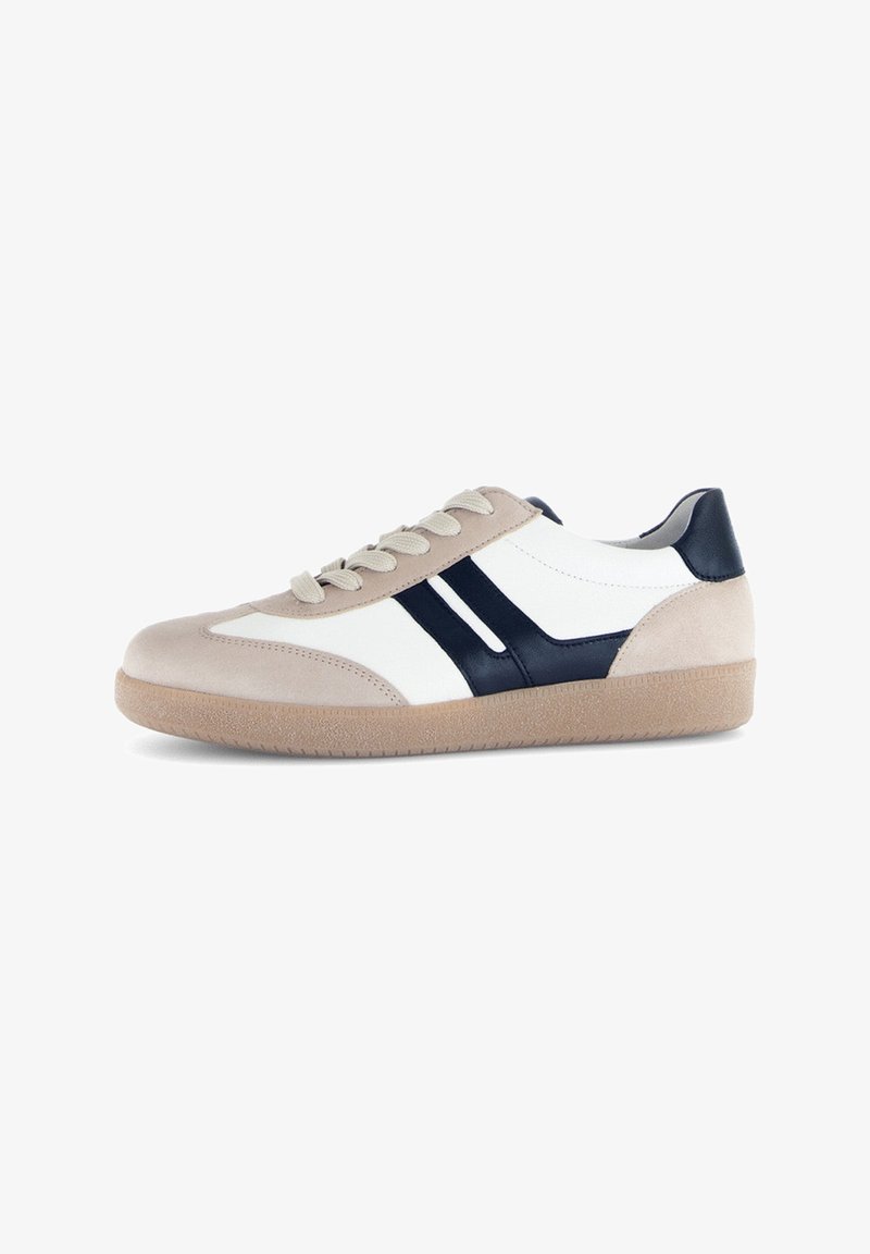 Sneakers featuring a mix of beige suede and white leather, with navy stripes. Rubber sole and rounded toe design, light brown outsole.