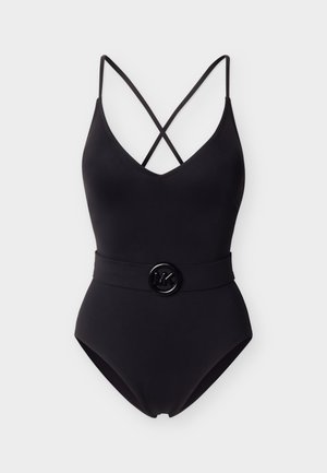 Maillot de bain une pièce noir avec fines bretelles croisées et une large ceinture ornée d'une boucle circulaire au logo MK.