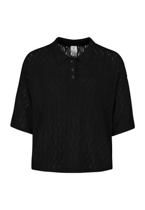 Schwarzes kurzärmliges Strick-Poloshirt mit einer dezenten Wellenstruktur und drei Knöpfen auf der vorderen Blende, Größe M.