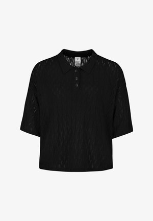 Black short-sleeve knit polo shirt with a subtle wave texture and three buttons on the front placket, size medium.