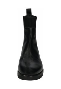 Black leather ankle boot with a knitted fabric upper, elastic sides, and a pull tab. The sole is rubber with a textured tread pattern.