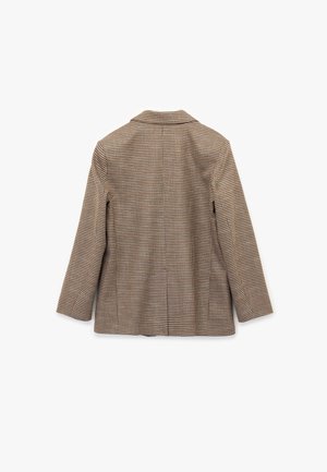 Bruine houndstooth blazer met een getailleerde pasvorm, enkele split aan de achterkant en lange mouwen. De stof lijkt soepel met een gestructureerd ontwerp.