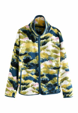 Veste polaire avec fermeture éclair à l'avant, passants pour les pouces, et motif camouflage abstrait aux tons verts, bleu marine, blanc et rose.