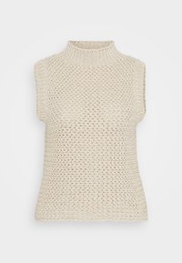 Ärmelloses, cremefarbenes Stricktop mit hohem Stehkragen. Verfügt über ein strukturiertes, offenes Muster und einen gewellten Saum.
