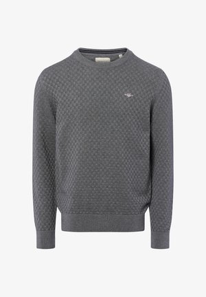 Szary sweter o teksturowanej strukturze wykonany z bawełny. Posiada wzór w kratę, ściągacz przy dekolcie i mankietach oraz małe haftowane logo na klatce piersiowej.