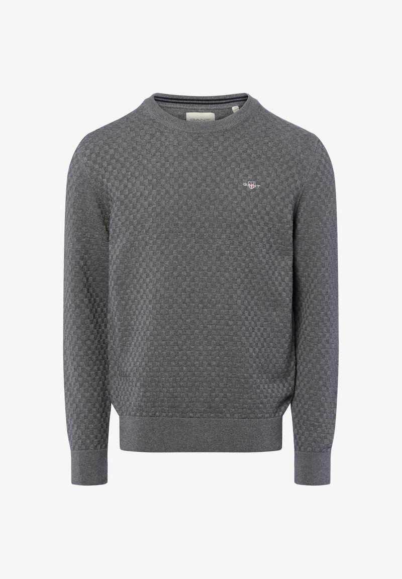 Szary sweter o teksturowanej strukturze wykonany z bawełny. Posiada wzór w kratę, ściągacz przy dekolcie i mankietach oraz małe haftowane logo na klatce piersiowej.