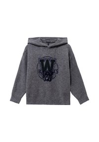 Sudadera con capucha gris, hecha de una tela suave, que presenta un gran gráfico de un "W" oscuro y un bulldog en la parte delantera. Puños y dobladillo acanalados.
