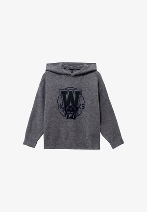 Felpa grigia con cappuccio realizzata in tessuto morbido, caratterizzata da una grande grafica di un "W" blu scuro e un bulldog sulla parte anteriore. Maniche e orlo a coste.