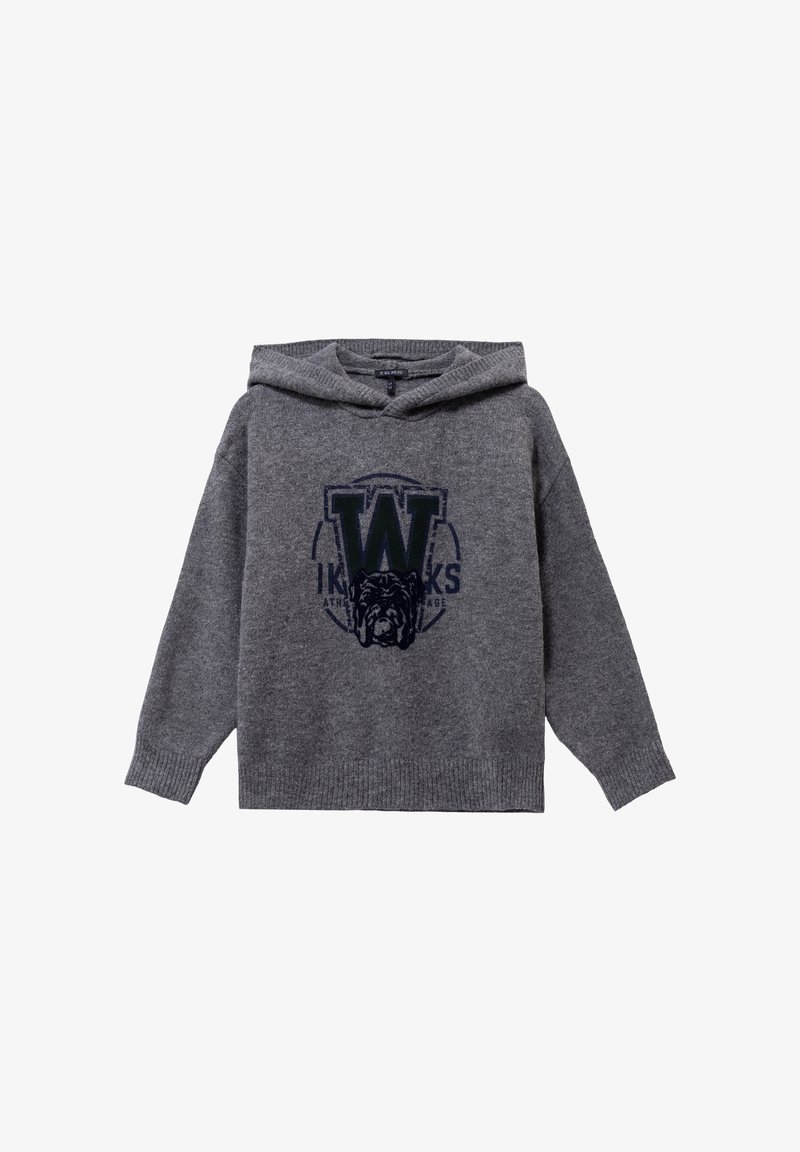 Szary, kapturowy sweter z miękkiego materiału, z dużą ciemnoniebieską literą "W" oraz grafiką buldoga na przodzie. Żebrowane mankiety i dół.