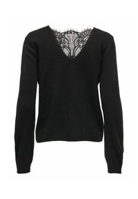 Pull noir à manches longues avec un col en V, comprenant une couche intérieure de dentelle noire complexe.