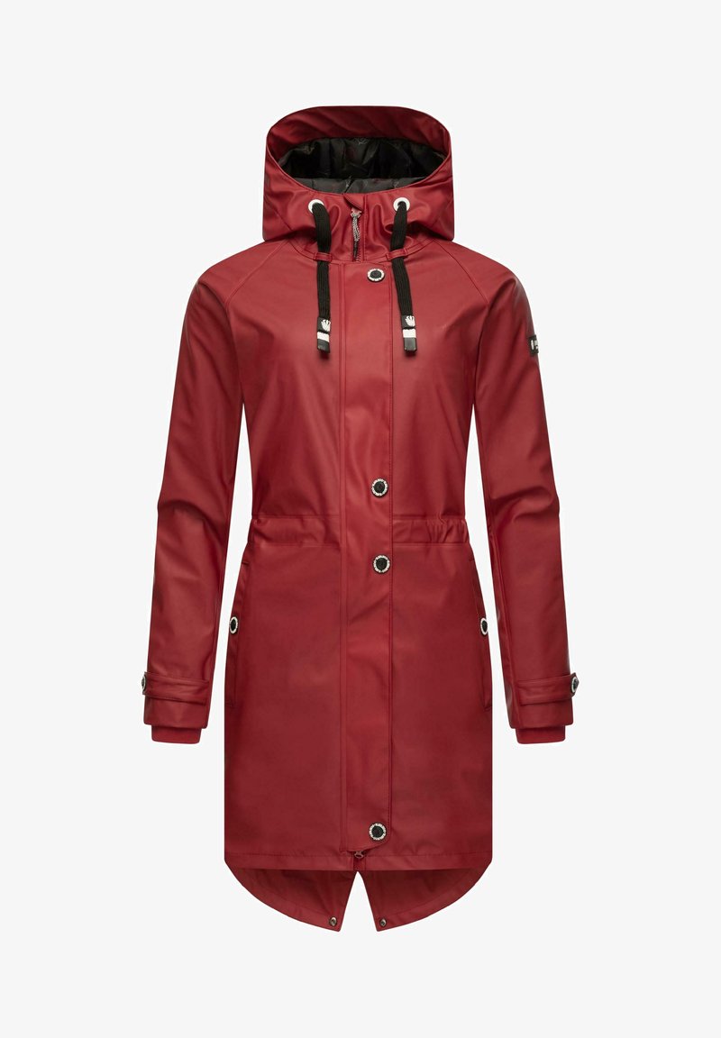 Red waterproof jacket with a hood, drawstring closure, side pockets, and snap buttons. Smooth texture with a longer back hem.