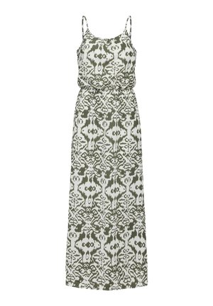 Robe maxi avec bretelles spaghetti, présentant un motif ikat vert et blanc, une taille élastique et un tissu fluide.