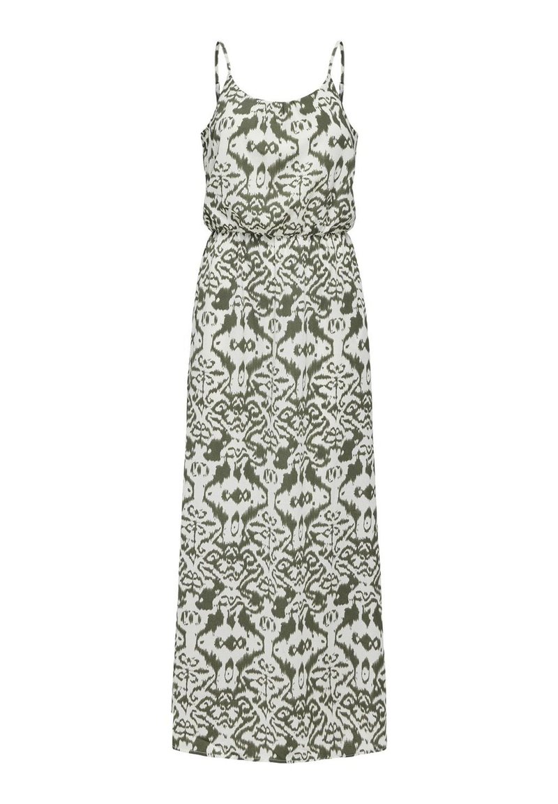 Robe maxi avec bretelles spaghetti, présentant un motif ikat vert et blanc, une taille élastique et un tissu fluide.