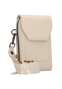 Borsa a tracolla sintetica beige con pattina, chiusura con zip e tracolla regolabile, caratterizzata dal nome del marchio "bugatti" in delicate lettere in rilievo.