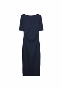 Granatowa sukienka z krótkim rękawem, okrągłym dekoltem, dopasowaną górą i prostą spódnicą. Gładki materiał z subtelnymi marszczeniami po bokach.