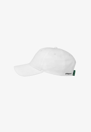 Witte baseballcap met een gebogen klep, gemaakt van katoen, met een zwart 'uhlsport' logo en een groene label aan de zijkant.
