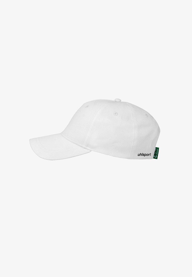 White baseball cap with a curved visor, made of cotton, featuring a black "uhlsport" logo and a green tag on the side.