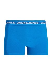 Blue cotton boxer shorts with a white elastic waistband featuring repeated "JACK&JONES" branding. Smooth texture and fitted design.