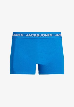 Blaue Baumwoll-Boxershorts mit einem weißen Gummibund, der mit dem wiederholten Schriftzug "JACK&JONES" versehen ist. Glatte Textur und enganliegendes Design.