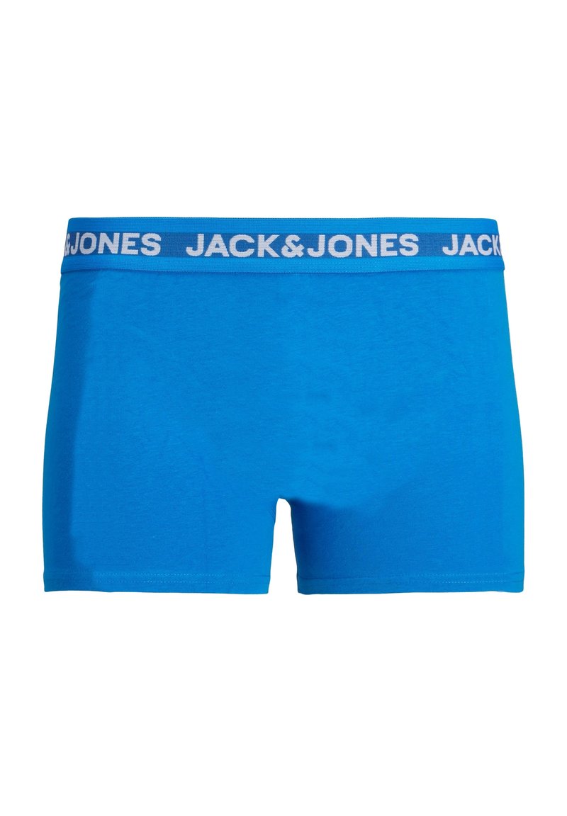 Blue cotton boxer shorts with a white elastic waistband featuring repeated "JACK&JONES" branding. Smooth texture and fitted design.