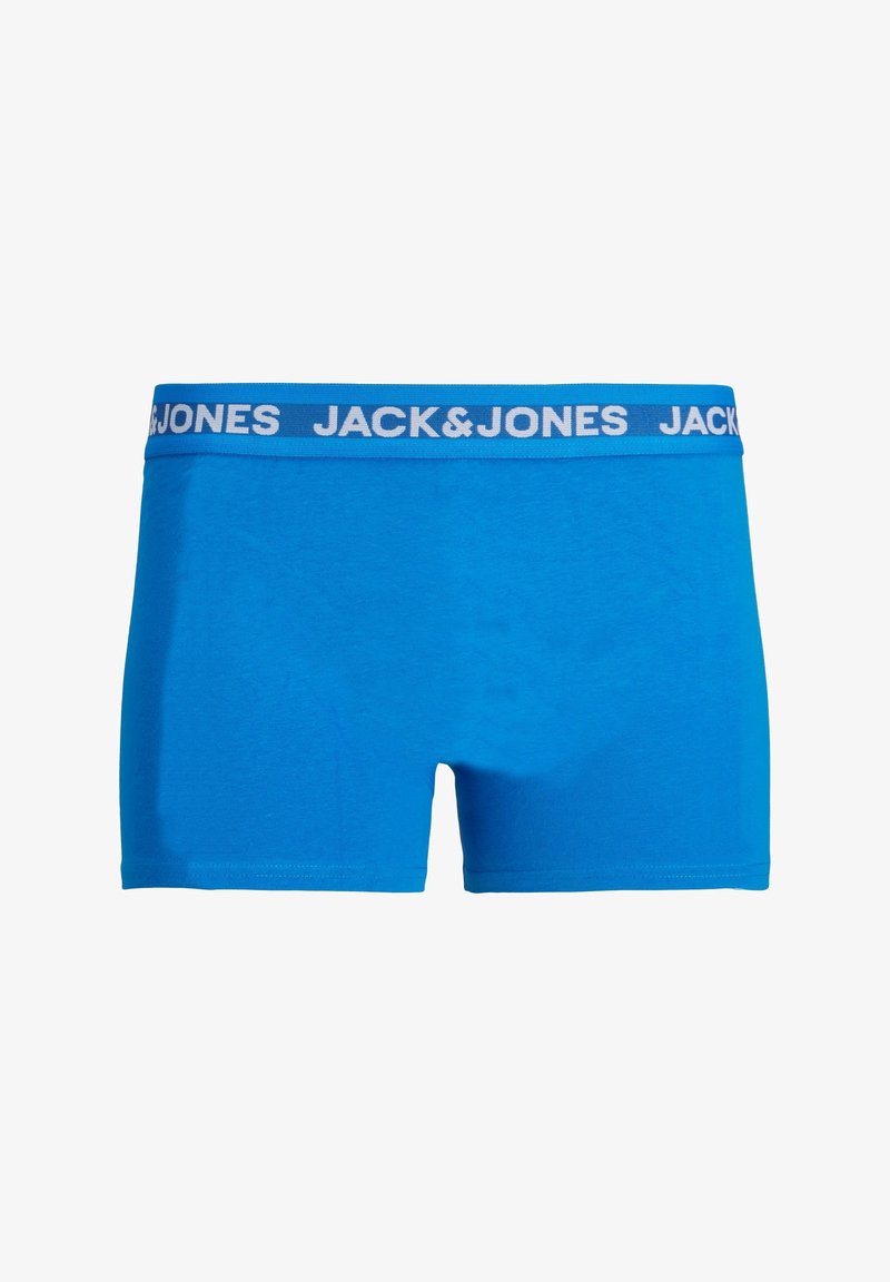 Blue cotton boxer shorts with a white elastic waistband featuring repeated "JACK&JONES" branding. Smooth texture and fitted design.