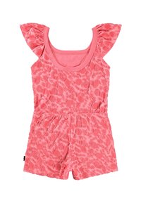 Rosa romper för småbarn med texturerade cirkulära mönster, korta fladdrande ärmar och fyrkantig urringning.