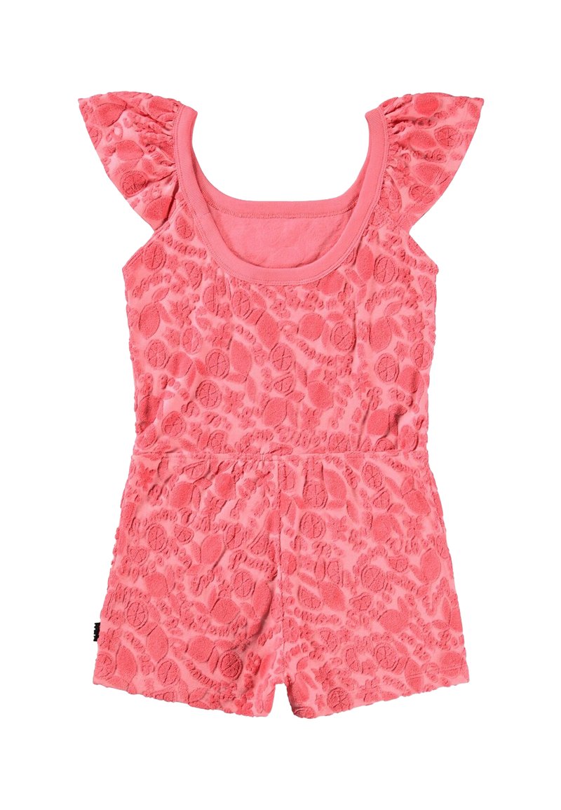 Rosa romper för småbarn med texturerade cirkulära mönster, korta fladdrande ärmar och fyrkantig urringning.