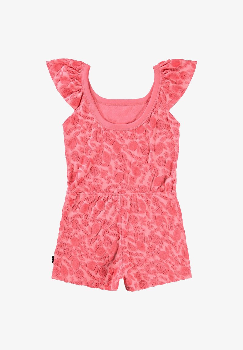 Mono rosa para niño pequeño con patrones circulares texturizados, mangas cortas con volantes y escote cuadrado.