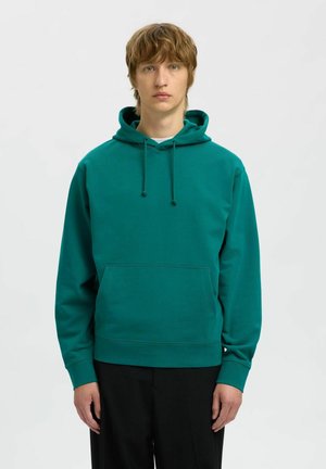 Teal hoodie with a front kangaroo pocket, adjustable drawstring hood, and ribbed cuffs. Made from soft fabric with a smooth texture.