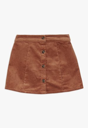 Brun fløjlsnederdel med en udvidet pasform, der har en knaplukning foran og en lodret ribbet tekstur.