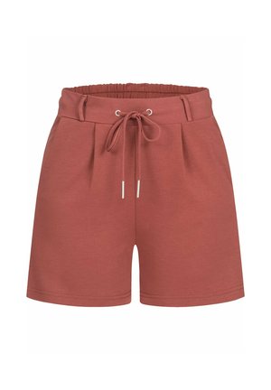 Koperkleurige shorts met een elastische tailleband, trekkoorddetail, plooien aan de voorkant en een gladde textuur.