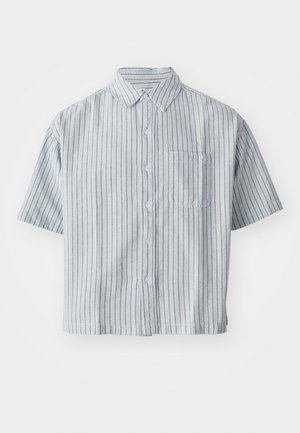 Short-sleeve, button-up shirt in light blue and beige stripes. Features a collar and a front pocket on the left chest. Soft fabric texture.