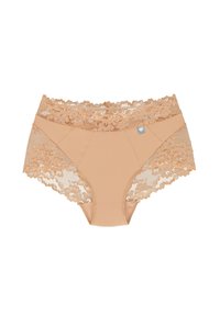 Beige panties met kanten rand en een glad, naadloos ontwerp, met delicate bloempatronen langs de taille en beenopeningen.