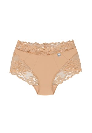Panties beige con encaje en los bordes, de diseño suave y sin costuras, con delicados patrones florales a lo largo de la cintura y las aperturas de las piernas.