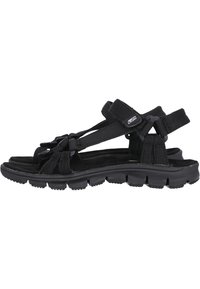 Black sandals with multiple adjustable straps, cushioned footbed, and textured rubber sole. Designed for comfort and traction.