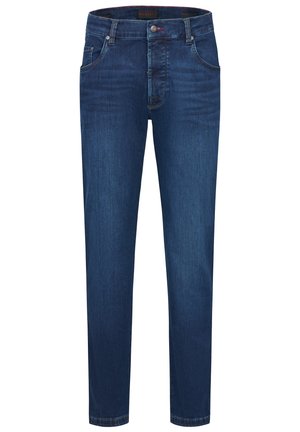 Dunkelblaue Denim-Jeans mit geradem Bein, fünf Taschen, Reißverschluss und einer subtilen, ausgeblichenen Textur. Logo am Bund.