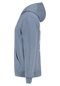 Light blue hoodie with a front pocket, long sleeves, and a drawstring hood. Features a textured fabric and a logo printed on the front.