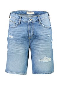 Szorty dżinsowe w jasnoniebieskim kolorze, wyróżniające się postarzanym wzorem z postrzępionymi łatami i klasycznym pięciokomorowym układem, zapinane na guzik.