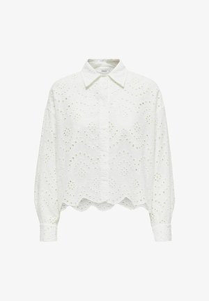 White cropped shirt with a button-up front, featuring eyelet embroidery, a pointed collar, and gathered sleeves with elasticated cuffs.