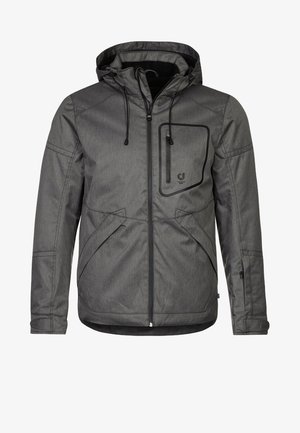 Grå huva-jacka med texturerad yta, dragkedja fram, justerbara snoddar och en bröstficka med kontrasterande kant.