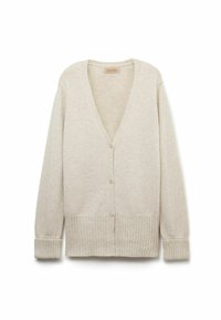 Ljust beige cardigan i mjukt stickat material. Har en V-ringning, fem knappar och ribbade ärmslut och fåll. Enkel, mångsidig design.