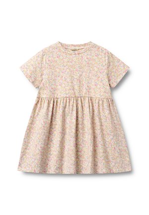 Jurk met korte mouwen in pastelbloemenprint, met een ronde halslijn, een getailleerde taille en een uitlopende rok van zacht materiaal.