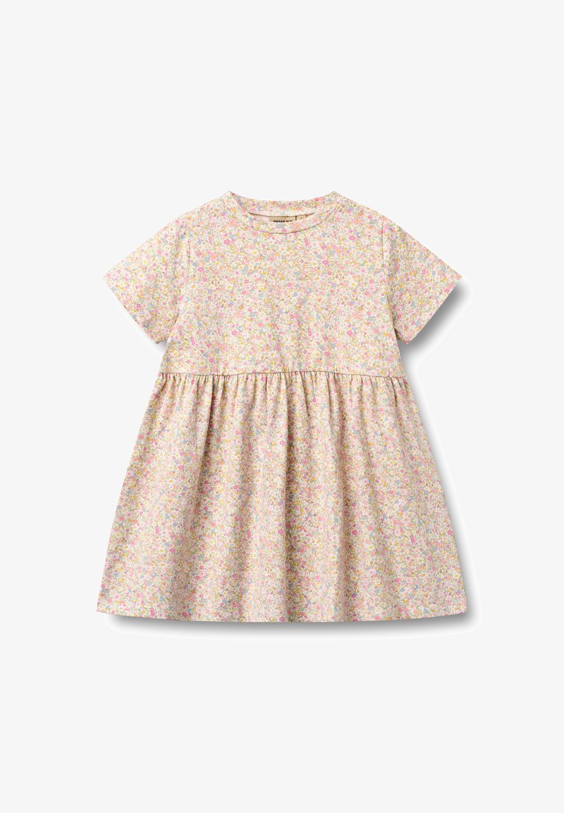 Obleka s kratkimi rokavi z pastelni cvetličnim potiskom, z okroglim izrezom, nabranim pasom in razširjenim krilom iz mehke tkanine.