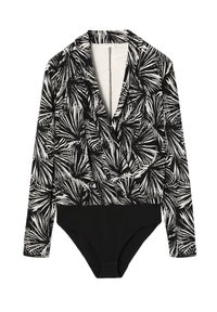 Bodysuit de manga larga en blanco y negro con un patrón de hojas de palmera, escote en V profundo y parte inferior completamente negra. Textura de tela suave.