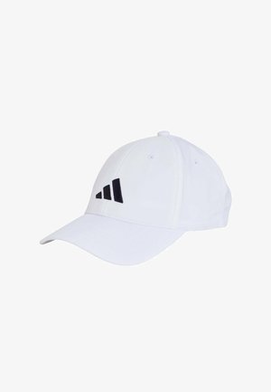 White baseball cap made of cotton with a curved brim, featuring a black three-stripe logo on the front and six ventilation eyelets.