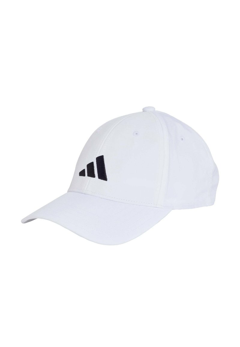 White baseball cap made of cotton with a curved brim, featuring a black three-stripe logo on the front and six ventilation eyelets.